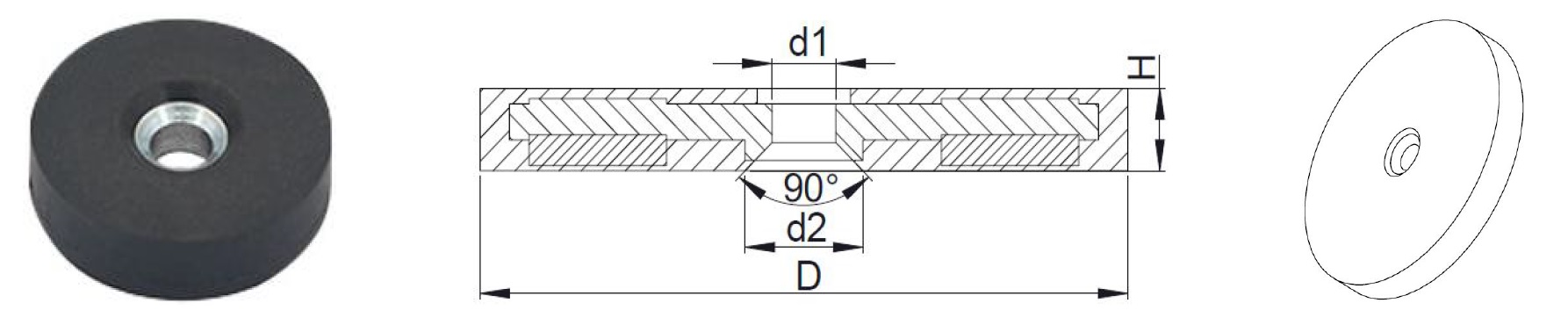 Rubber covered pot magnets with counter bores (NRBD series)