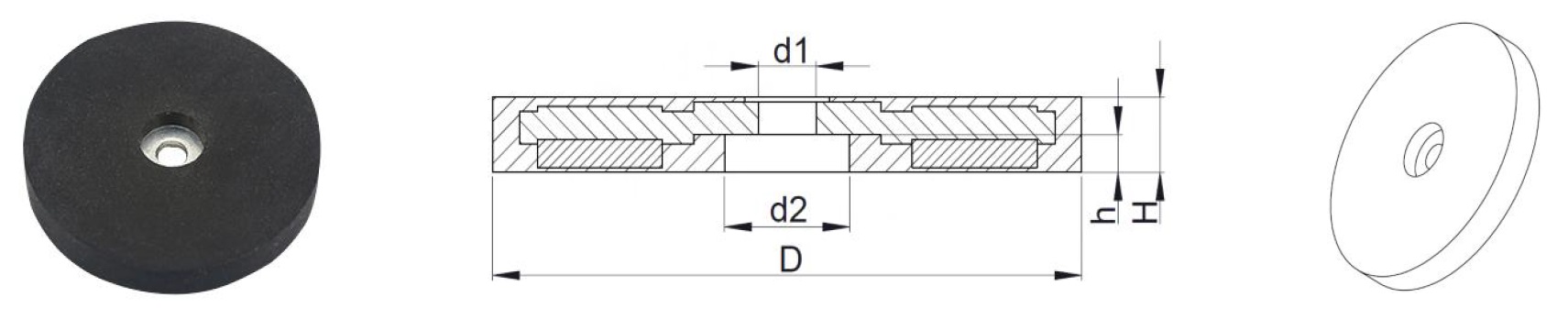 Rubber covered pot magnets with step holes (NRBE series)